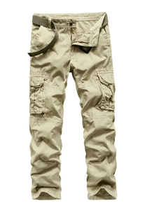 Detail of khaki cargo pants with functional side pockets and matching canvas belt