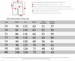 Detailed size chart for men's cargo shorts showing waist and hip measurements in cm