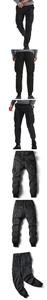 Detail of black cargo pants featuring elastic drawstring waist and multiple utility pockets