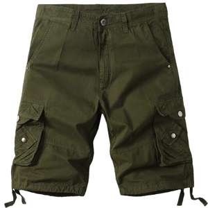 Army green cargo shorts with multiple utility pockets and cotton twill fabric for men
