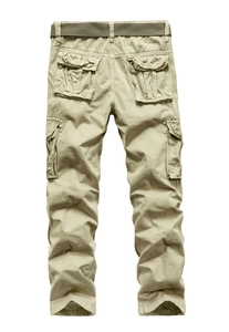 Detail of khaki cargo pants featuring multiple utility pockets and woven belt