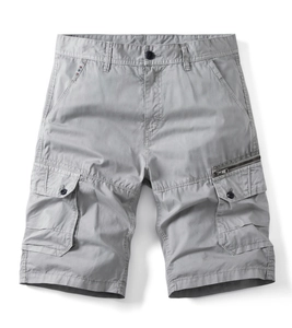 Men's light grey cargo shorts with multiple pockets and zipper detail for summer
