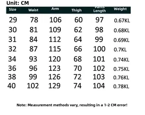 Detailed size chart for men's loose cargo pants showing waist and hip measurements