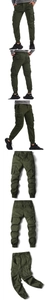 Detail view of military green cargo pants with multi-pockets, drawstring waist and ribbed cuffs