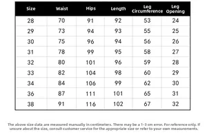 Size chart for men's cargo pants showing waist, hip, and length measurements in centimeters