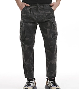 Detail of multi-pocket cargo pants showing durable camo fabric and zipper hardware