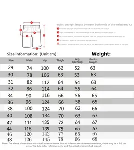 Detailed size chart for men's camouflage cargo shorts including waist and hip measurements