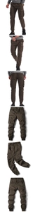 Detail view of cargo pants featuring side flap pockets and elastic drawstring waistband