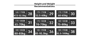 Detailed size chart for men's cargo pants showing height and weight recommendations