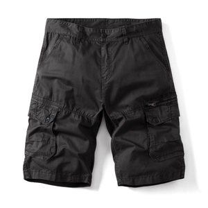 Men's loose cargo shorts in charcoal grey wash cotton with large side utility pockets