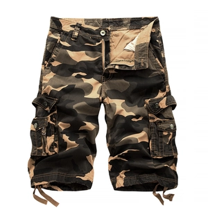 Men's camouflage cargo shorts with multi-pockets and drawstring hem in forest camo