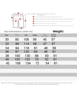Detailed size chart for cargo shorts including waist, hip, and length measurements