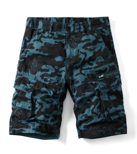 Detailed view of cargo camo shorts with deep blue pattern and tactical side pockets
