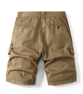 Men's khaki cargo shorts in loose fit featuring back pockets and durable twill fabric