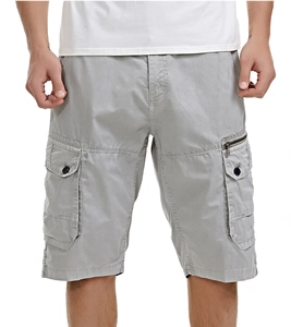Detail of light grey cargo shorts showing durable fabric and side flap pocket with zipper