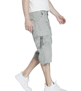 Men's light grey cargo shorts featuring multi-pockets and adjustable drawstrings