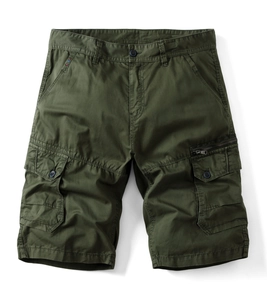 Men's loose cargo shorts in dark olive green with multi-pocket design for summer wear