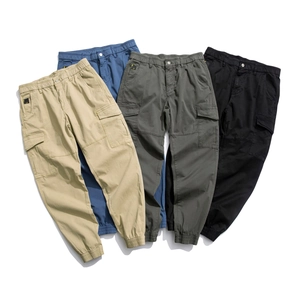 Men's multi-pocket elastic waist cargo pants in khaki, navy, olive green, and black