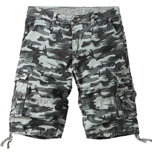 Men's camouflage cargo shorts with multi-pockets and adjustable drawstrings on white background