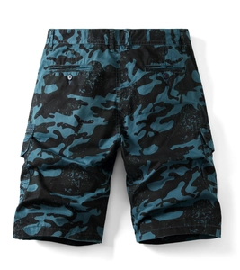Mens camouflage cargo shorts with multi-pocket design and stylish blue-black camo print