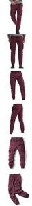 Detailed views of men's burgundy cargo joggers featuring elastic drawstring waist and pockets