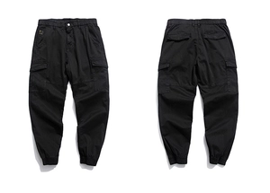 Detailed front and back view of men's black cargo pants with elastic cuffs and multi-pockets