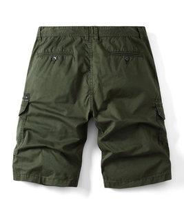 Deep army green men's cargo shorts shown from the back with utility pockets and buttoned rear