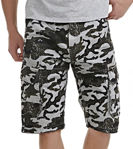 Detailed view of cargo camo shorts with multi-pocket design and durable cotton fabric