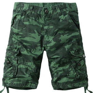 Mens green camouflage cargo shorts with multi-pockets and heavy-duty cotton fabric