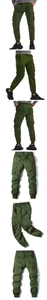 Detail showing army green cargo pants with multi-pocket design and elastic ribbed cuffs