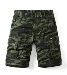 Detail view of men's green camo cargo shorts with side pockets and decorative zipper