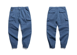 Front and back view of blue cargo pants featuring multi-pockets and elastic cuffed hems