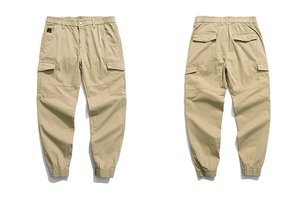 Detailed front and back view of khaki men's cargo pants with multi-pockets and ribbed cuffs