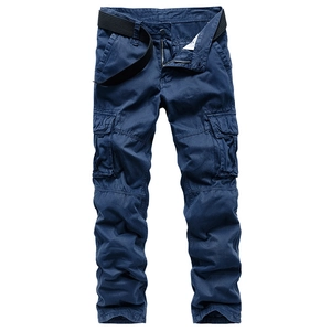 Men's loose fit cargo pants in navy blue cotton twill with utility side pockets