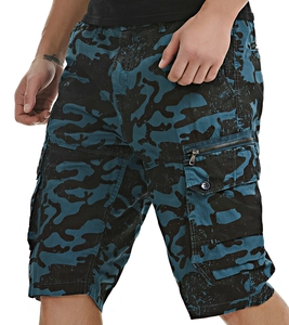 Detail of men's blue camouflage cargo shorts featuring large side pockets and metal zippers