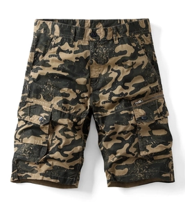 Men's relaxed fit camouflage cargo shorts with multiple pockets and zipper detail