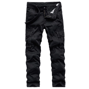 Men's black multi-pocket cargo pants with tactical belt and durable cotton fabric