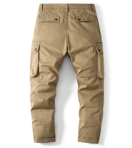 Rear view of khaki cargo pants with functional pockets and heavy-duty cotton twill fabric