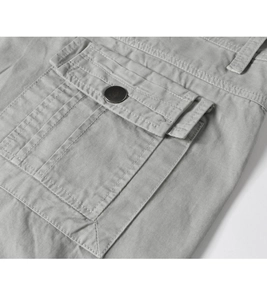 Detailed macro view of the 3D cargo pocket with durable double stitching and metal button