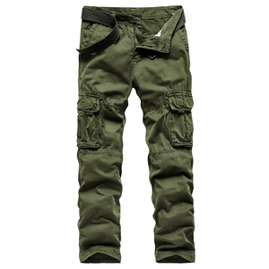 Army green multi-pocket cargo pants for men with matching woven belt in a relaxed fit