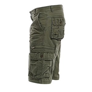 Pantaloncini cargo uomo in tela verde militare con sistema multi-tasche e zip laterali