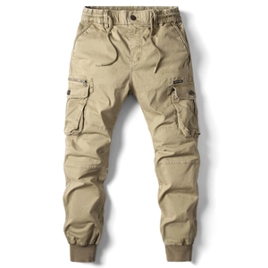 Men's khaki cargo joggers with elastic drawstring waist and multi-pocket casual utility design
