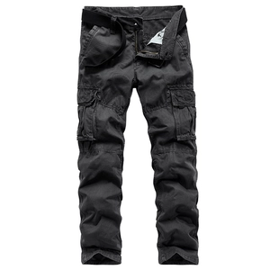 Men's loose multi-pocket cargo pants in charcoal grey with belt and twill texture