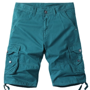 Men's summer multi-pocket cargo shorts in dark green cotton with drawstring hems