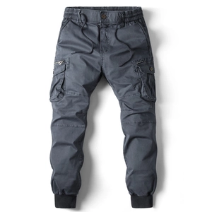 Deep grey blue multi-pocket cargo joggers for men with drawstring waist and elastic cuffs