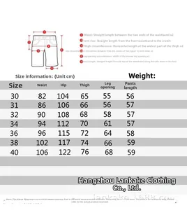 Detailed size chart for men cargo shorts showing waist and hip measurements in cm