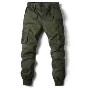 Men's army green cargo joggers with multiple pockets and elastic drawstring waist