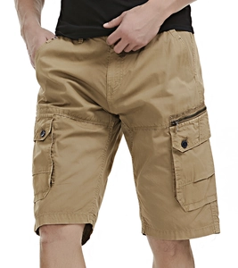 Detail of khaki cargo shorts showing functional multi-pockets and cotton twill texture