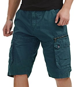 Close-up of durable cargo shorts fabric with metal zipper and flap pocket detail
