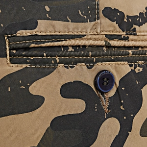 Macro view of men's camouflage shorts featuring durable twill cotton and pocket button detail